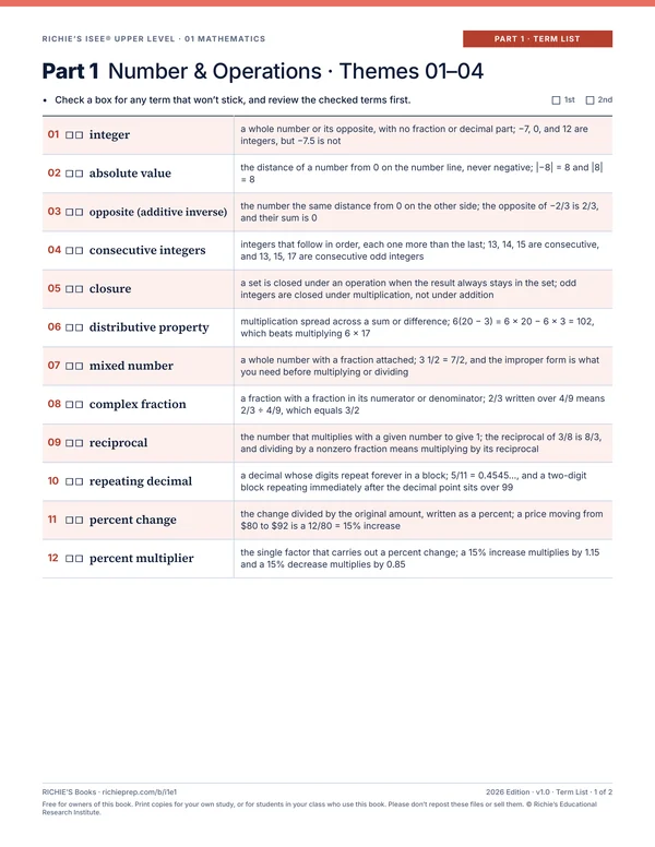 Mathematics companion, Part 1 Term List, page 1 of 2