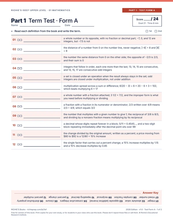 Mathematics companion, Part 1 Test Form A, page 1 of 2