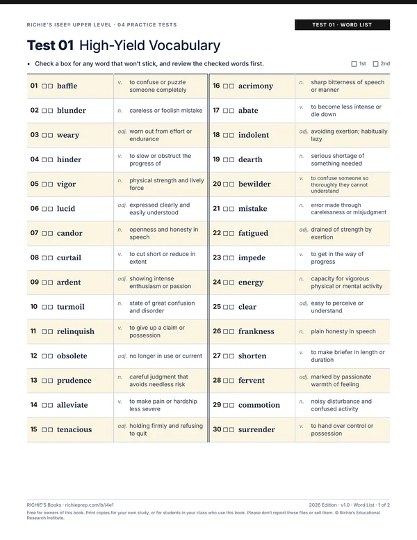 Practice Tests companion, Test 01 Word List, page 1 of 2