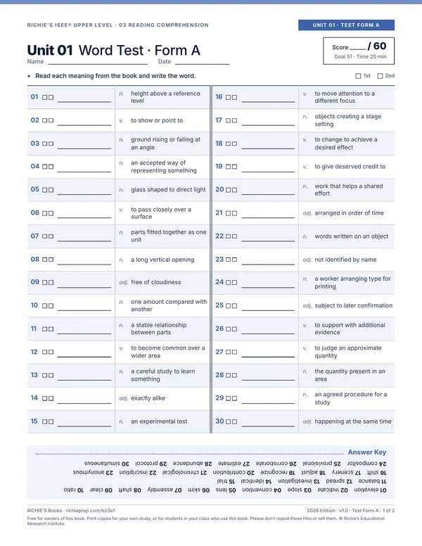 Reading companion, Unit 01 Test Form A, page 1 of 2