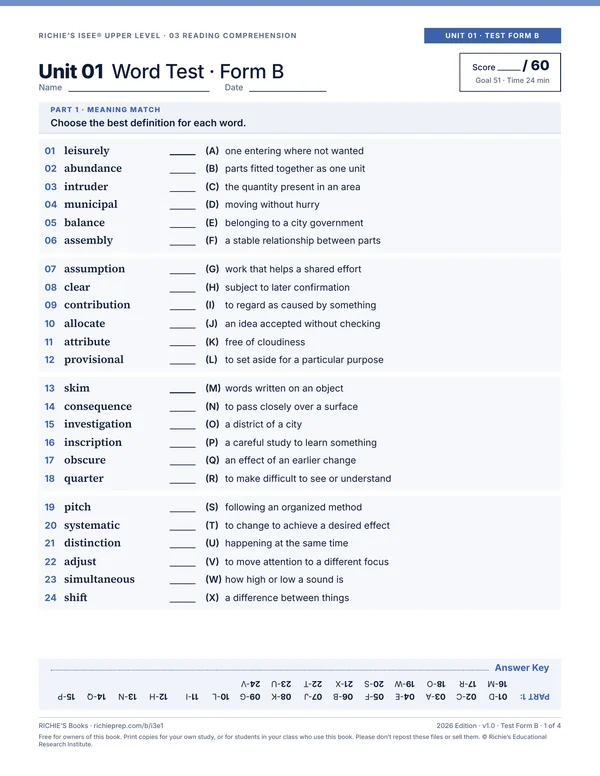 Reading companion, Unit 01 Test Form B, page 1 of 4