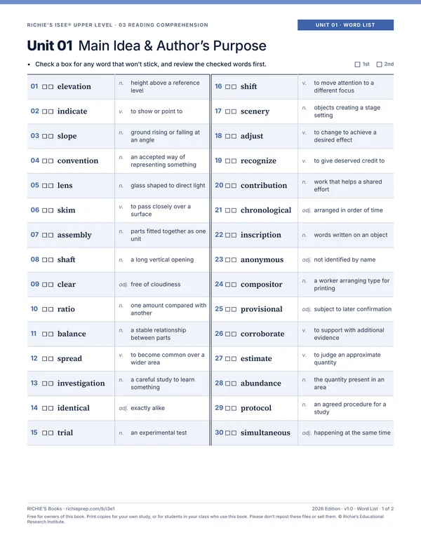 Reading companion, Unit 01 Word List, page 1 of 2