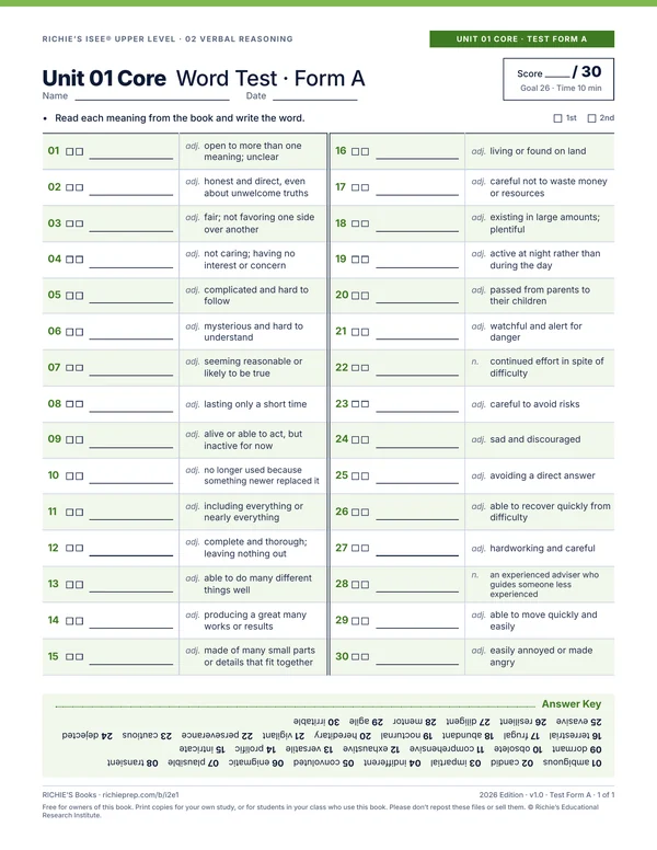 Verbal Reasoning companion, Unit 01 Core Test Form A