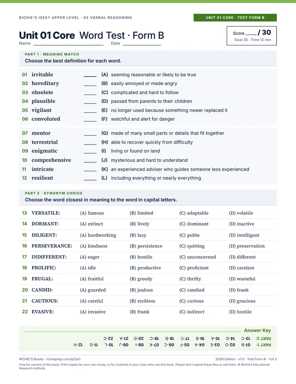 Verbal Reasoning companion, Unit 01 Core Test Form B, page 1 of 2