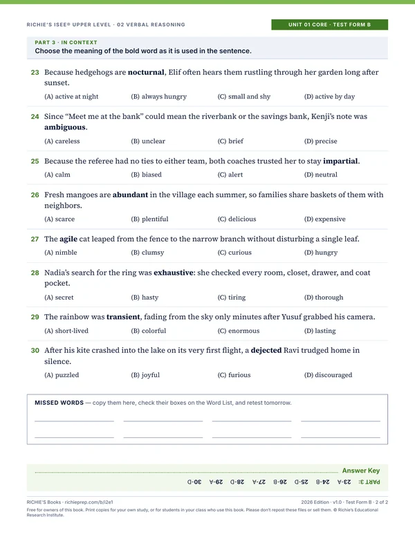 Verbal Reasoning companion, Unit 01 Core Test Form B, page 2 of 2