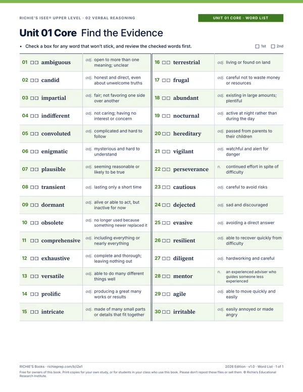 Verbal Reasoning companion, Unit 01 Core Word List