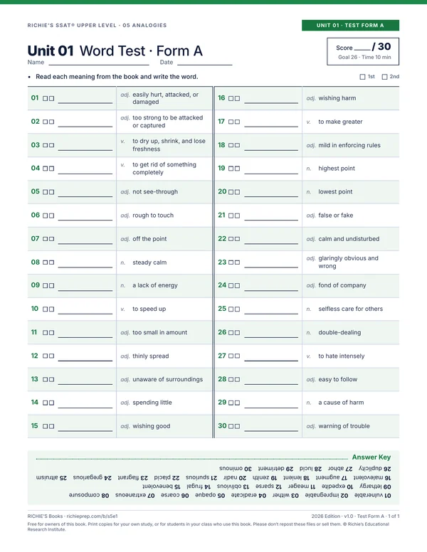 Analogies companion, Unit 01 Test Form A