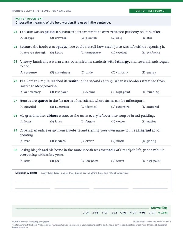 Analogies companion, Unit 01 Test Form B, page 2 of 2