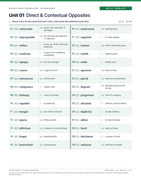 Analogies companion, Unit 01 Word List