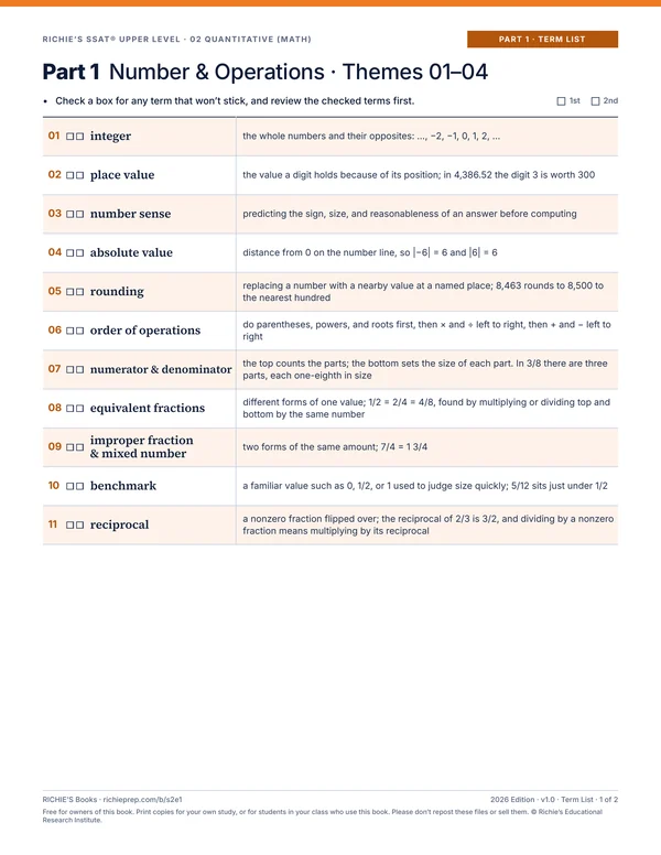 Quantitative (Math) companion, Part 1 Term List, page 1 of 2