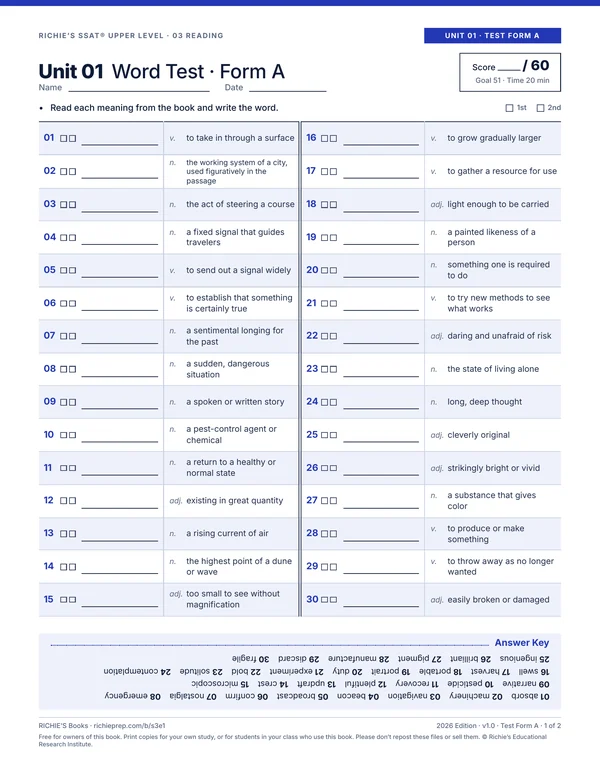 Reading companion, Unit 01 Test Form A, page 1 of 2