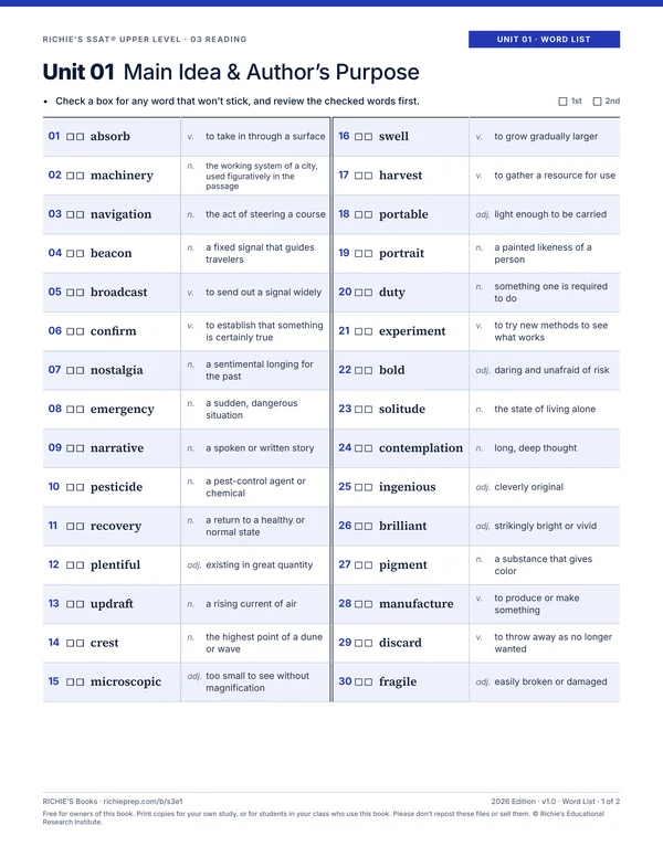 Reading companion, Unit 01 Word List, page 1 of 2