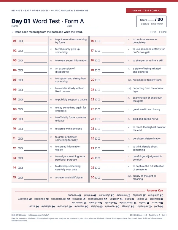 Vocabulary: Synonyms companion, Day 01 Test Form A