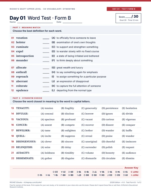 Vocabulary: Synonyms companion, Day 01 Test Form B, page 1 of 2