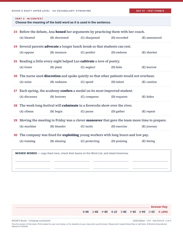 Vocabulary: Synonyms companion, Day 01 Test Form B, page 2 of 2