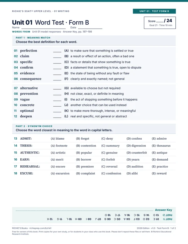 Writing companion, Unit 01 Test Form B, page 1 of 2