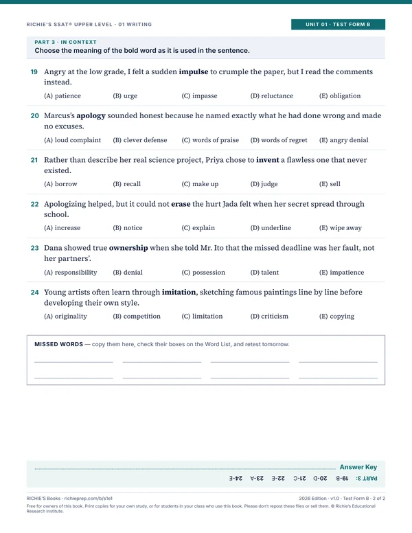 Writing companion, Unit 01 Test Form B, page 2 of 2