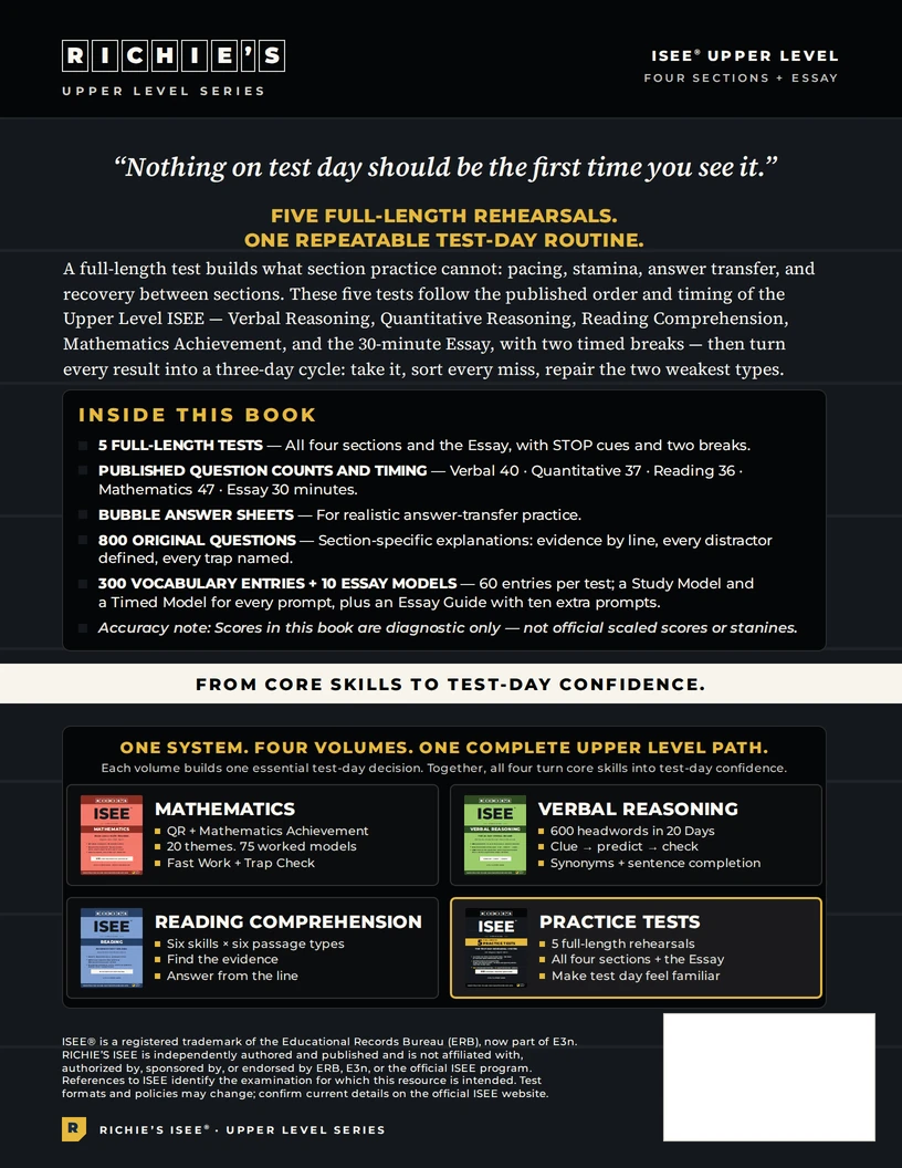 RICHIE’S ISEE Upper Level Practice Tests — back cover