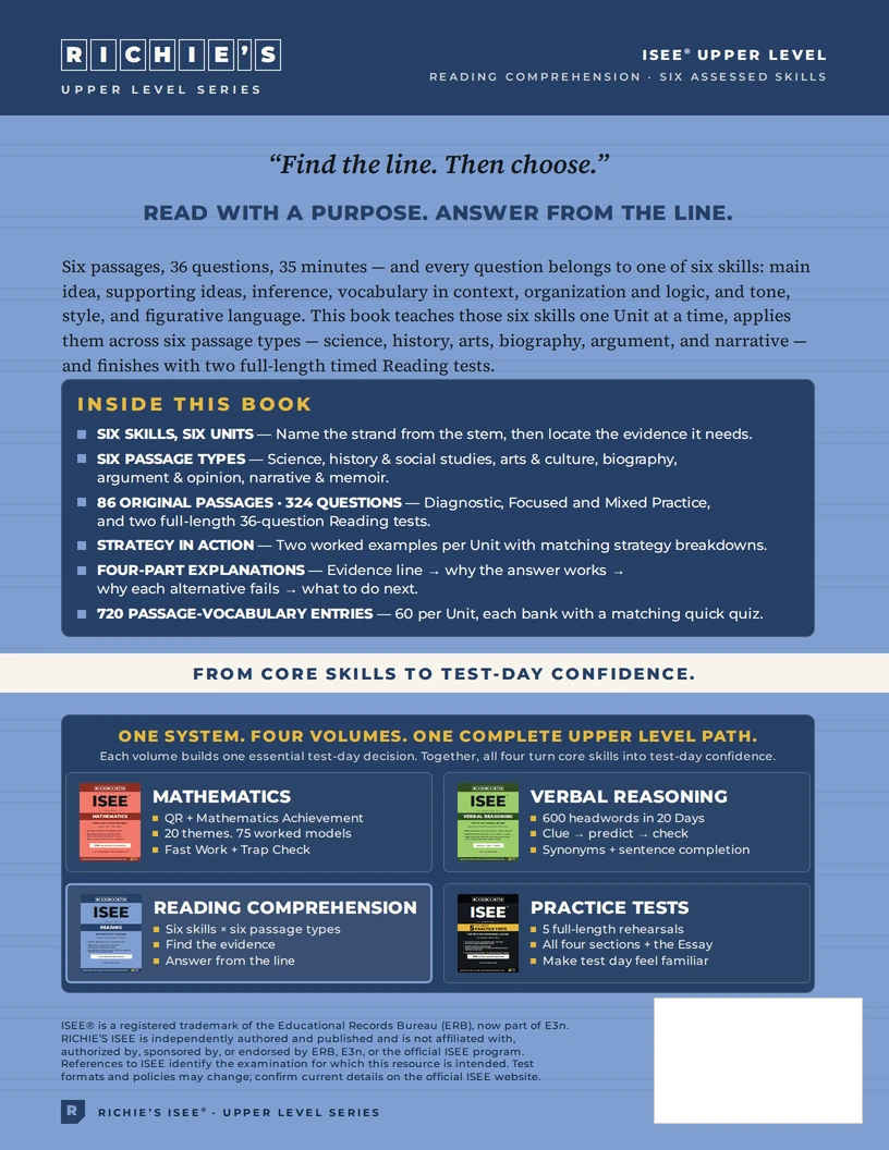 RICHIE’S ISEE Upper Level Reading Comprehension — back cover