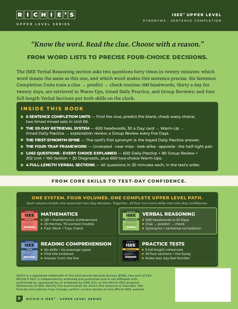 RICHIE’S ISEE Upper Level Verbal Reasoning — back cover