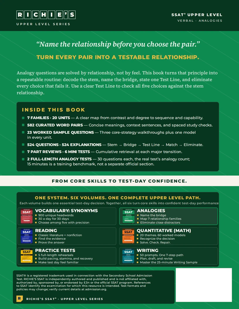 RICHIE’S SSAT Upper Level Analogies — back cover