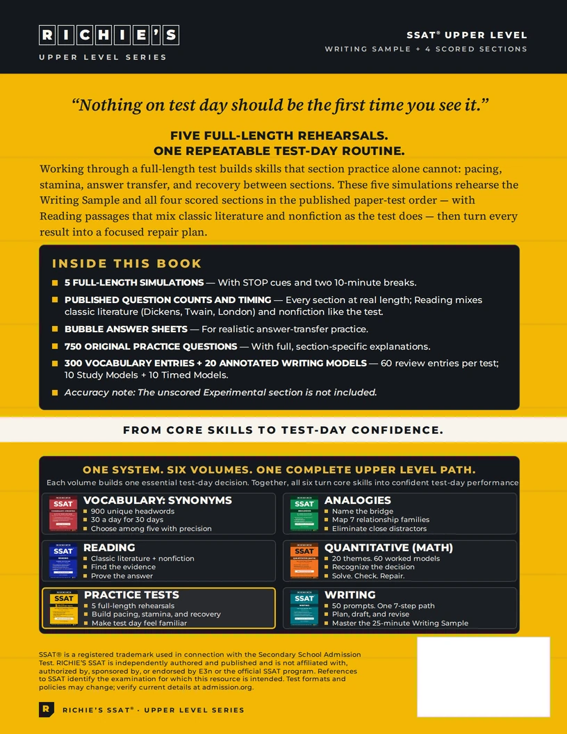 RICHIE’S SSAT Upper Level Practice Tests — back cover