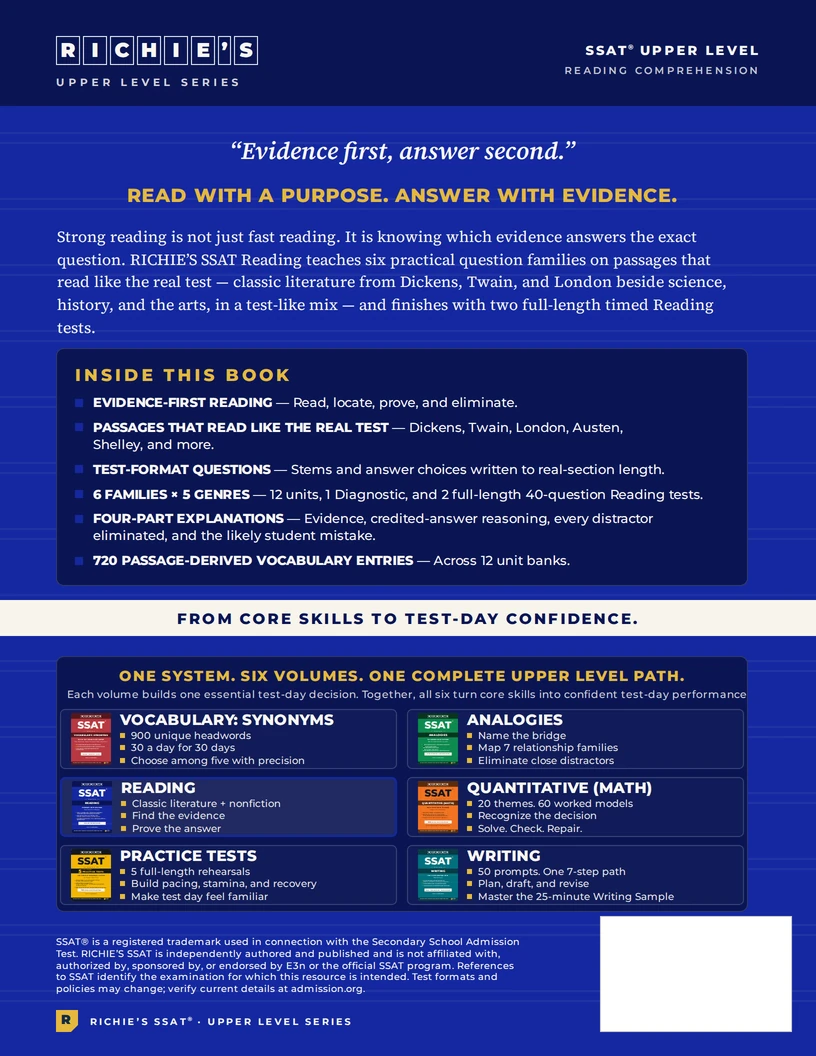 RICHIE’S SSAT Upper Level Reading — back cover