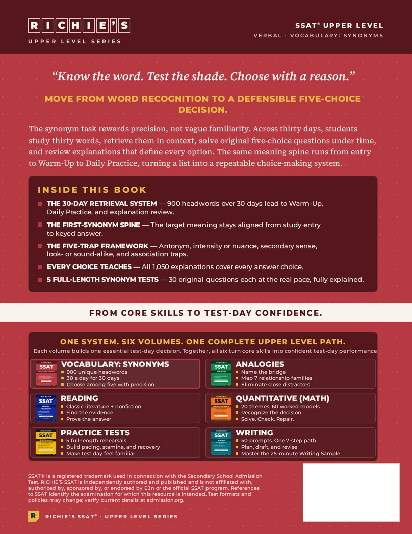 RICHIE’S SSAT Upper Level Vocabulary: Synonyms — back cover